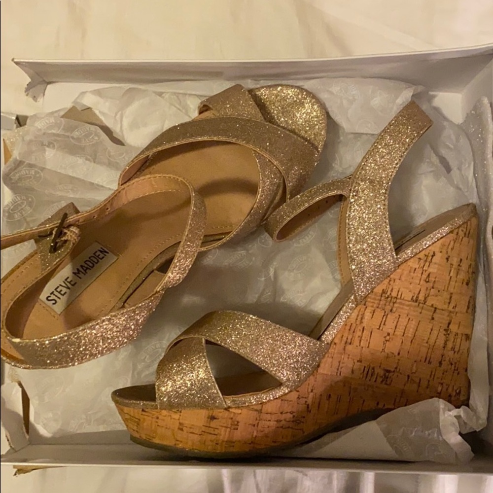 Gold Glitter Cork Wedge Sandal